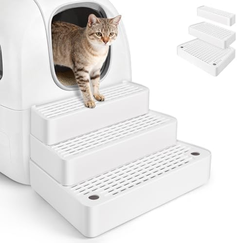 Extra Large 3 Steps Litter Box Ramp, Adjustable Cat Litter Box Step with Filter Function, Easy to Clean Cat Litter Stair Catcher for Elderly Cats and Kitten (White) by Bartuke