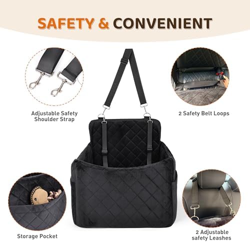 Dog Car Seat for S/M Dogs, Memory Foam Dog Booster Car Seat Up to 35lbs, Detachable Washable Pet Travel Bed with Side Pockets and 2 Safety Belts, Easy to Install (Black) - Image 5