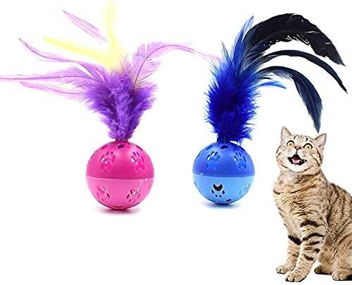 BeeSpring Cat Balls Interactive Cat Toy Feather Balls with Loud Bell Inside (2Pcs - Red, Blue)