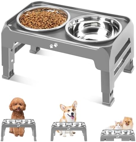 COMESOON Elevated Dog Bowls for Small Medium Dogs, 3 Height Adjustable Raised Stand with 2 Thick 6" Stainless Steel Food Bowls, Non-Slip Feeder Adjusts to 2.75", 6", 7.5", Grey by COMESOON