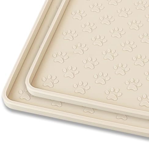 2 Pack Silicone Pet Placemat for Dog and Cat, Waterproof Non-Slip Pet Feeding Bowl Mats for Food and Water, Small Medium Large Tray Mat Prevent Residues from Spilling to Floor, Beige, 18" 12" by PTLOM