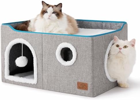 Bedsure Extra Wide Cat House Bed with Fluffy Ball and Scratch Pad,Grey by BEDSURE
