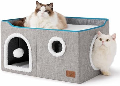 Bedsure Extra Wide Cat House Bed with Fluffy Ball and Scratch Pad,Grey by BEDSURE