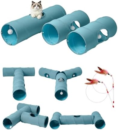 Cat Tunnel, 3 Straight Shaped Tunnels 6 DIY Shapes with Wand Toys, No Noise Scratch Resistant Cool Linen Fabric, Interactive Pet Tunnel Tube for Indoor Cats, Puppy and Rabbits by Odoland