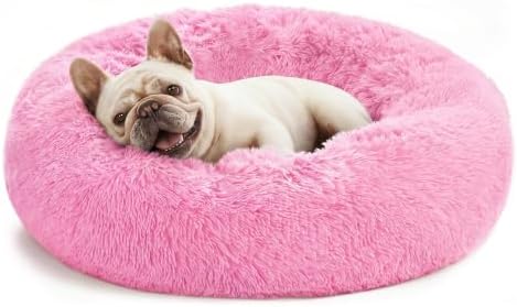 Love's cabin Calming Cat Bed for Indoor Cats, Anti-Anxiety Donut Round Dog Bed, Fluffy Faux Fur Washable Pet Bed for Small Medium Dogs and Cats, Pink, 24in by Lovescabin