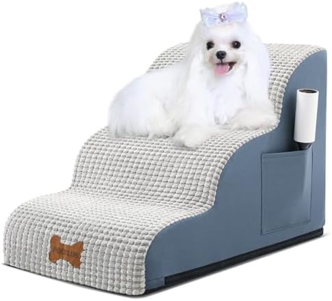 POCBLUE Dog Stairs for Small Dogs 15.7" H, Wide Pet Step for Couch/Sofas/Chairs, Curved Pet Ramps for Small Dogs & Cats with High-Density Foam and Washable Cover, 3-Step, Grey by POCBLUE