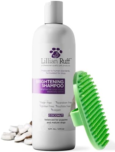 Lillian Ruff PRO Formula Ultra Brightening Dog Shampoo - Professional Whitening & Long-Lasting Odor Eliminator, Remove Stains & Discoloration, Dry Skin & Itch Relief - Aloe & Provitamin B5 16oz+Brush by LillianRuff