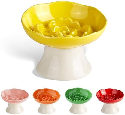 Ceramic Slow Feeder Bowl for Cats and Small Dogs, Elevated Tilted Pet Food Dish, Whisker Friendly Anti-Vomit Design, Heavy Stable Base, Dishwasher Safe， 5 Colors Options (Lemon Yellow) by Trundisan
