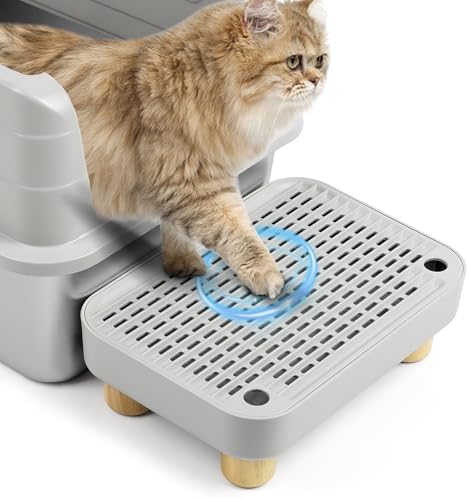 Litter Box Step, Cat Litter Ramp with Wooden Base, Light Grey by Bartuke