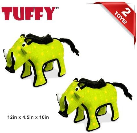 TUFFY - World's Tuffest Soft Dog Toy - Desert - Multiple Layers. Made Durable, Strong & Tough. Interactive Play (Tug, Toss & Fetch). Machine Washable & Floats (Green Warthog, Large 2 Pack)