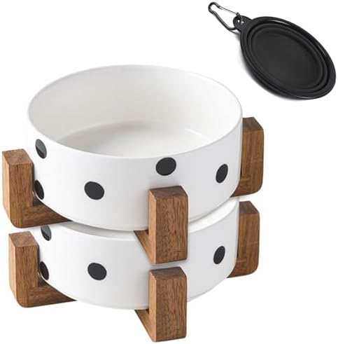 Petygooing Ceramic Dog Bowl Set with Stand,Pet Food and Water Bowl, Anti -Slip Set of 2 Pet Bowls-Dog Food Bowls- Pet Feeder Small Medium Size (28 OZ /3.6 Cups) Black Dot by PetygooingforYOURLOVEDPET