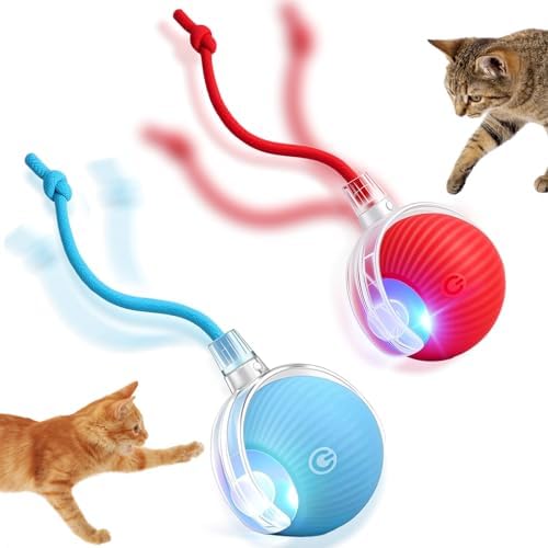 Interactive Cat Toys Ball for Indoor Cats, Automatic Self-Rolling, Motion-Activated, Bird Chirping Cats Dogs Ball Toy with Elastic Mesh Tail, Cat Enrichment Toys for Indoor Cats (Red+Blue) by Unknown