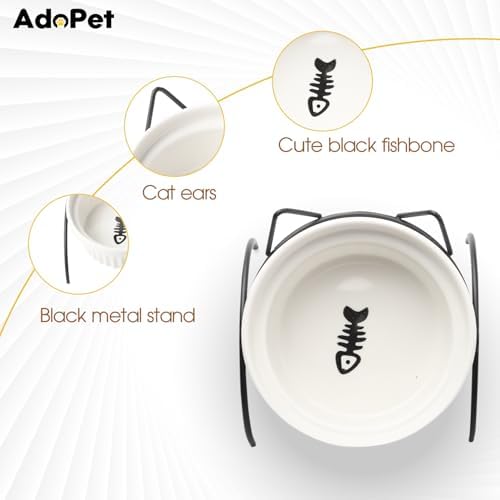Elevated Ceramic Cat Bowl with Metal Stand – Non-Slip White Pet Food Tray with Herringbone Design Helps Reduce Neck Strain for Small and Medium Cats and Dogs - Image 3