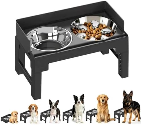 PAKEWAY Elevated Dog Bowls with Stainless Steel Slow Feeder Bowl for Medium and Large Dogs, Spill-Proof Tiltable Dog Feeder with 2 Bowls, 6-Height Adjustable Raised Dog Bowl Stand by PAKEWAY