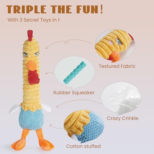 Nocciola 3 in 1 Rip and Reveal Chicken Dog Toy, Suprise Toys Inside- Durable Stuffed Squeaky Crinkle Chew Animal Toy for Medium Large Breed, Funny Cute Teething Keep Busy Pet Supplies - Image 5