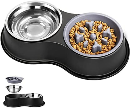 Epetslove Double Dog Water and Food Bowls Raised Slow Feeder Black by EpetsLove