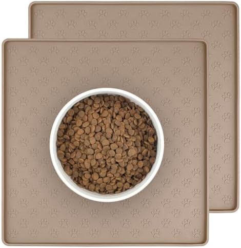 2 Pack Dog Food Mat Anti-Slip Bowl Mats for Food and Water, Waterproof Silicone Pet Placemat with High Raised Edges, Non-Slip Puppy Feeding Tray for Small, Medium Large Cats Dogs, Taupe, 11.8"x11.8" by PTLOM