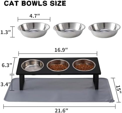 Summark Upgraded Elevated Cat Bowls with Food Mat,15°Tilted Stand Anti Vomiting Raised Cat Dishes for Food and Water,3 Stainless Steel Bowls for Cats and Puppy（Black） - Image 5