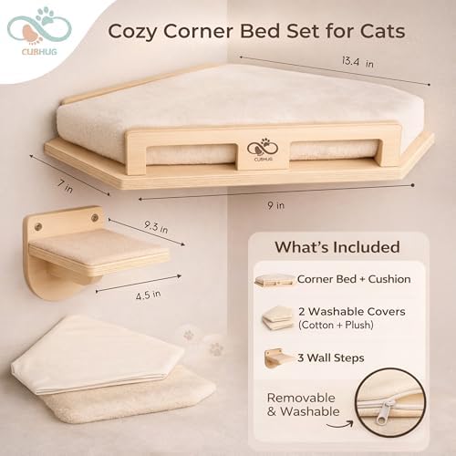 Cat Wall Shelves, Solid Wood Corner Bed, 3 Steps, Up to 25 lb, Wood - Image 3