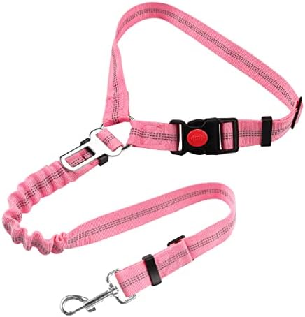 YAOHDAO Dog Seat Belt Harness for Car, Restraint Adjustable with Elastic Bungee Buffer Headrest for Vehicle, 360 Degree Swivel Nylon Pet Safety Seat Belts Heavy Duty Car Harness for Dogs (Pink) by YAODHAOD