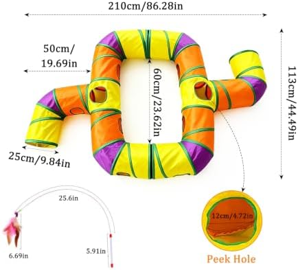 2 in 1 Cat Tunnel Set, Large DIY Free Splicing Cat Tunnels with Zipper, Collapsible Play Tunnel with Teaser Wand and Peek Holes, Interactive Pet Tube for Indoor Cats, Puppy and Rabbits (2 x T Shape) - Image 2