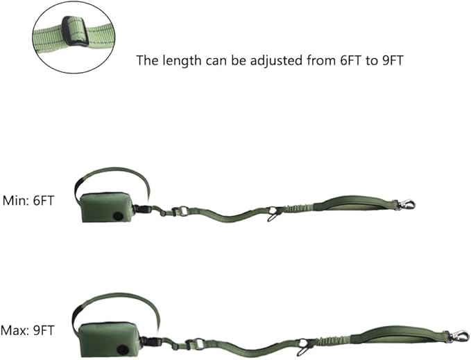 Hands Free Dog Leash for Large Medium Dogs Heavy Duty Bungee Reflective Adjustable Waist Leashes for Walking Running with Zipper Pouch 6-9FT (Green-1 with 6-9FT)