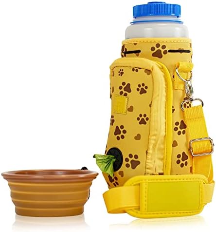 Made Easy Kit Water Bottle Carrier with Pocket for Dog Poop Waste Bags and Adjustable Padded Shoulder Strap (Tall & Large (40oz) with Bowl, Yellow, Paws & Hearts) by MadeEasyKit