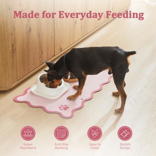 Scalloped Dog Feeding Mat, Absorbent Mats for Dog Food and Water Bowl, Dispenser, Feeder, Trendy Cute Aesthetic Pet Placemat for Dogs, Cats, Puppy Accessories Pink, 12" x 19" - Image 3