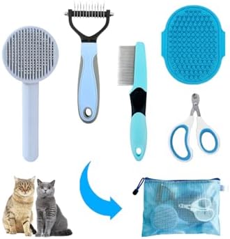 Grooming Brush Kit - 5pcs for Shedding & Matted Fur, Self-Cleaning with Flea Comb for Indoor Long-Haired Cats, Blue by ONEZYE