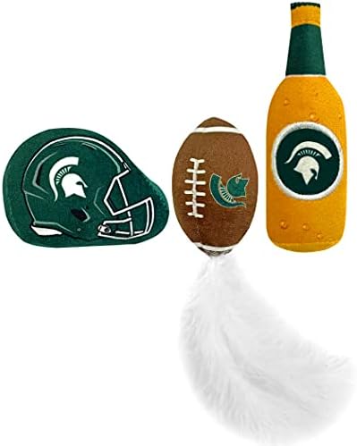 BEST PLUSH CAT TOY: NCAA MICHIGAN STATE SPARTANS Complete Set of 3 piece Cat Toys filled with Fresh Catnip. Includes: 1 Helmet Cat Toy, 1 Football Cat Toy with Feathers & 1 Beer Bottle. With Team LOGO - Image 5