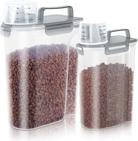 LEAWALK 3+5LBS 2Pack Cat Dog Food Storage Container Upgraded Large Nozzle BPA-free, Plastic Pet Food Containers, With 4 Sealed Clasps/1 Measuring Cup/Handle Easy Clean and Carry (Clear Grey) by LEAWALK