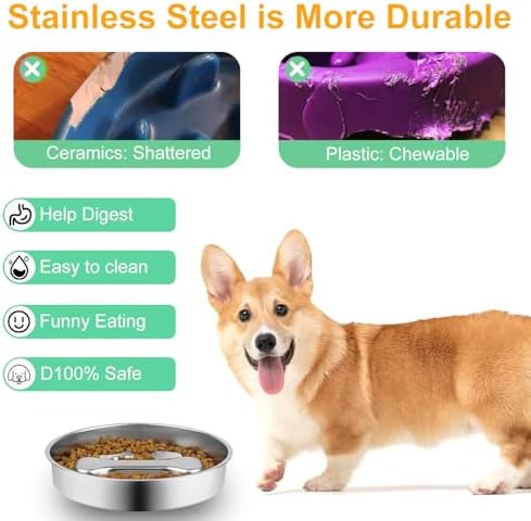 Stainless Steel Slow Feeder Dog Bowls,Slow Food Bowl for Dog & Cat - 2 Cups Capacity,Bone-Shaped Design Pet Food Holder,Metal Non-Slip Lick Plate,Puzzle Maze Dish for Small Sized Breeds - Image 4