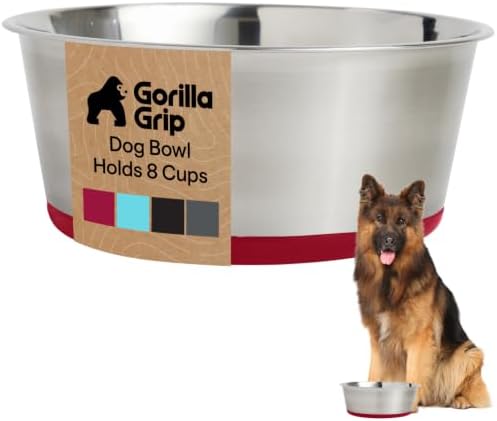 GORILLA GRIP Dog Bowl, Food Grade Stainless Steel Water Bowls, 8 Cup Red by GorillaGrip