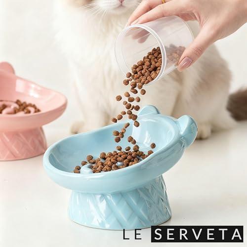 Winnie The Pooh Series Ceramic Slow Feeder Cat Bowl, Raised Anti-Gulping Design with Bear Ears, Pastel Colors, Quilted Pattern Base (Blue) - Image 6