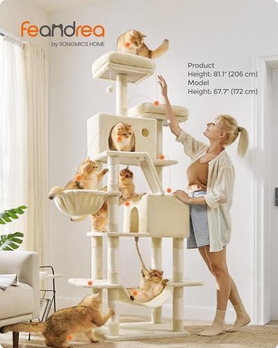 Feandrea Cat Tree, 81.1-Inch Large Cat Tower, Multi-Level Condo, Beige - Image 2