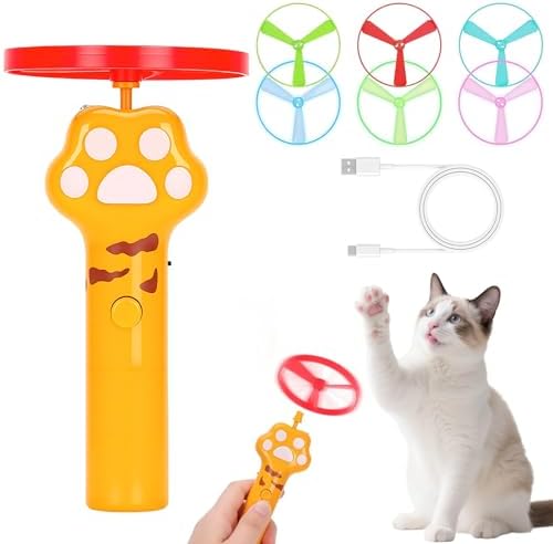 Cat Fetch Toy, Rechargeable Flying Disc Launcher Toy with 6 Flying Discs, Cat Toy Launcher, Flying Bird Cat Toy, Cat Interactive Toys for Outdoor and Indoor (Yellow) by Unknown