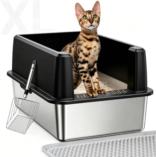 WoofiGo XL Stainless Steel Litter Box, High Sided Litter Pan for Big Cats by CatLitterBox