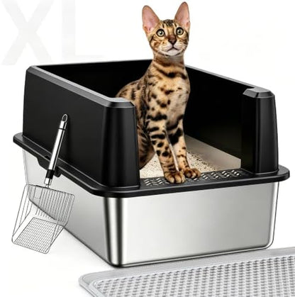 WoofiGo XL Stainless Steel Litter Box, High Sided Litter Pan for Big Cats by CatLitterBox