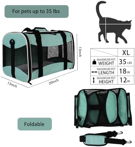 Cat Carrying Case - Pet Carrier, Up to 30Lbs Soft Sided Protable and Breathabl Pet Travel Carrier, Pet Travel Carrier Removable Fleece Pad, Collapsible for Large Cats Small Dogs(X-Large, Green) - Image 2