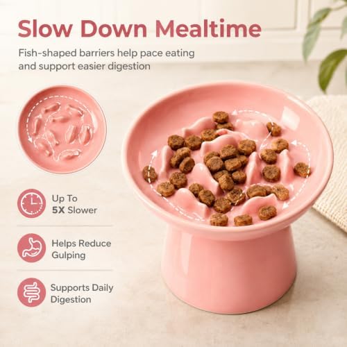 Cat Slow Feeder Bowl, Ceramic Elevated Cat Slow Feeder Bowl, Shallow Wide Opening Dish for Kitty, Anti Vomiting for Dry and Wet Food, Anti-Slip Design, Pink - Image 5