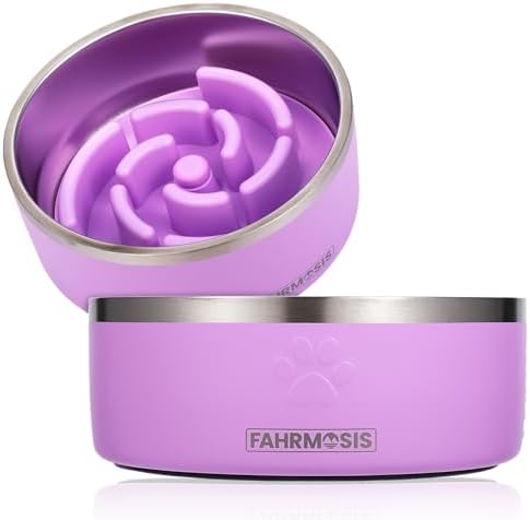 FAHRMOSIS 32 Oz Dog Bowl with Slow Feeder Insert Stainless Steel Pet Water Bowl for Medium & Large Breed Non Slip Rubber Base & Plastic Puzzle Feeder - Lavender by Fahrmosis
