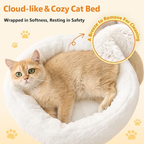 Modern Cat Tree for Indoor Small & Medium Cats, 36" Cat Tower with Scratching Posts, 2 Cozy Cat Caves, Top Perch, Dangling Balls, Washable Cushions, Space-Saving Cat Condo, Brown - Image 3