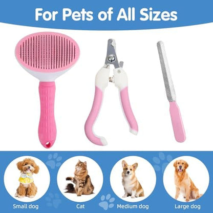 Aglads 3PCS Cat Rabbit Bunny Dog Grooming Kit, Self-Cleaning Slicker Cat & Dog Brush for Shedding, Fine-Needle Comb, Pet Nail Clipper & File for Long/Short-Haired Pets, Easy to Remove Loose (3, pink) - Image 6