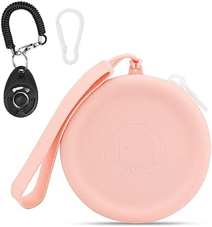 WALLFID Silicone Dog Treat Pouch Small Bag,with Pet Training Clicker,Walking Bag for Dog and Cat, Pocket Size, Easy to Clean, Odorless, Zipper Design,Moisture-Proof,Travel Walking Bag.(Pink) by WALLFID