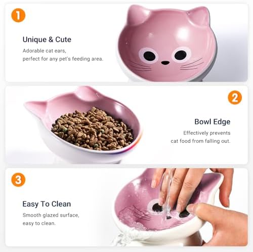 Raised Cat Food Bowl Ceramic 15° Tilted Cat Food Bowls Protect Cat's Spine Anti Vomiting Backflow Prevention for Adult, Kitten, and Small Dogs (Pink) - Image 4