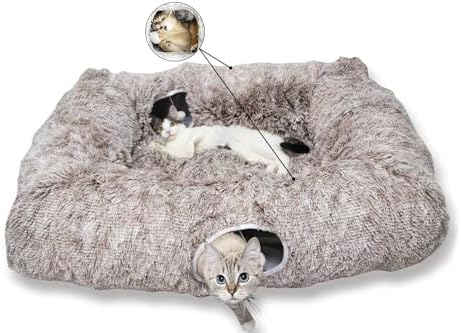 XxingSheep 4 Cave Shuttled XL Cat Tunnel Bed for Indoor Cats Peekaboo Toy Donut with Warm Mat, Yellow-Brown by XxingSheep