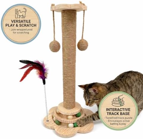 Cat Scratching Post 15" with Sisal Rope, Ball Track Base & Dangling Toys - Image 3