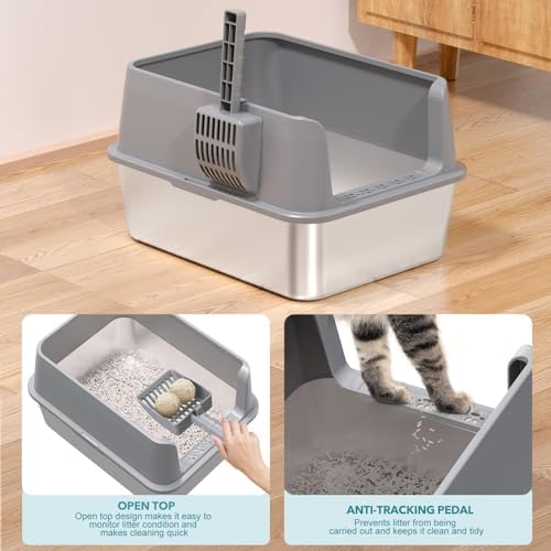 Stainless Steel Cat Litter Box, Metal Kitty Litter Box with High Sides for Small Cats,Kittens, Open Top Litter Boxes with Anti-Leak Lid,Odorless,Non-Sticky, Easy to Clean,Scoop Include,M - Image 6