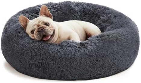 Love's cabin Calming Cat Bed for Indoor Cats, Anti-Anxiety Donut Round Dog Bed,Fluffy Faux Fur Washable Pet Bed for Small Medium Dogs and Cats, Bluish Grey, 24in by Lovescabin