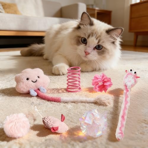 20 Pcs Cat Toy Pack Interactive Kitten Toy Set,Including Cute Catnip Chew Rope Springs Mice Crinkle Ball Furry Balls Toys for Indoor Cat,Pink Kitten Toys with Gift Bag - Image 3